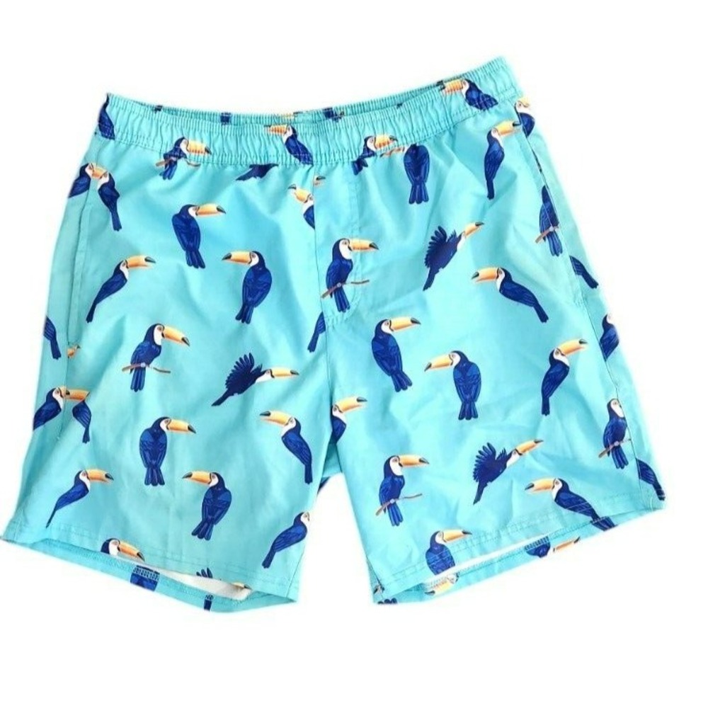 LRD Performance Mens Toucan Print Swim Trunks‎ Blue Compression Liner Size L